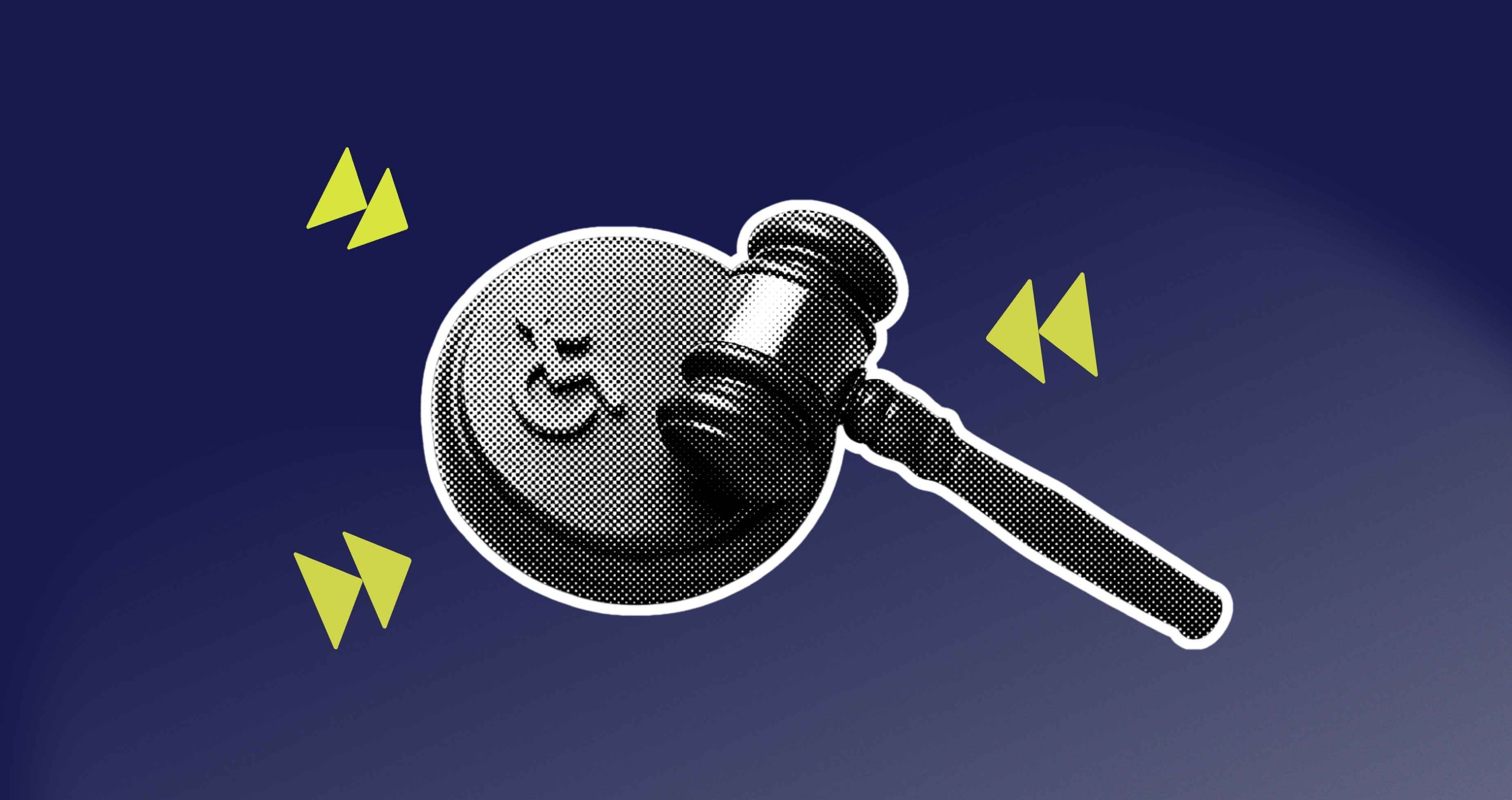 Illustration eines Richterhammers und einer Holzscheibe mit einem Rollstuhlsymbol darauf, auf dunkelblauem Hintergrund mit neongrünen Pfeilen, die Richtung Hammer zeigen.