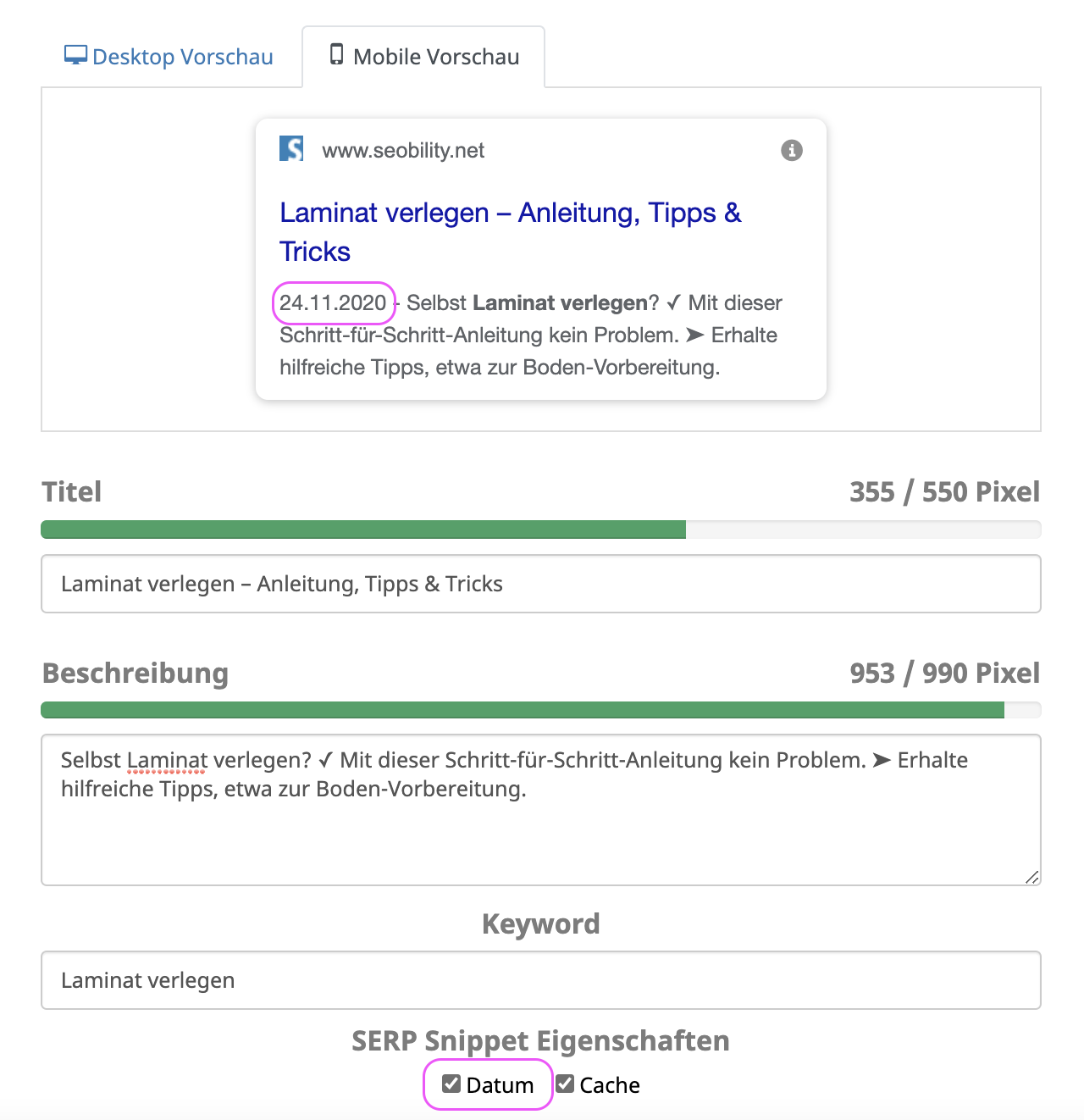 Kostenlose SEO-Tools: SEO Snippet Generator mit Datum von Seobility.net