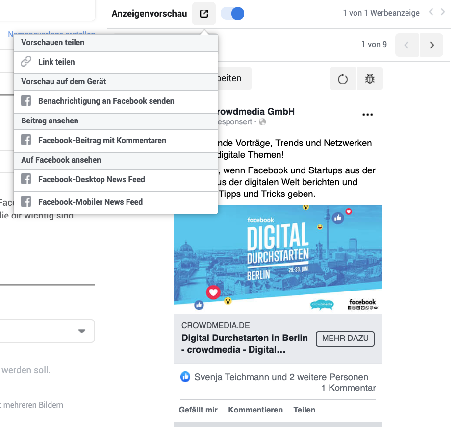 Business Manager Auswahl Vorschau mit Kommentaren in Facebook