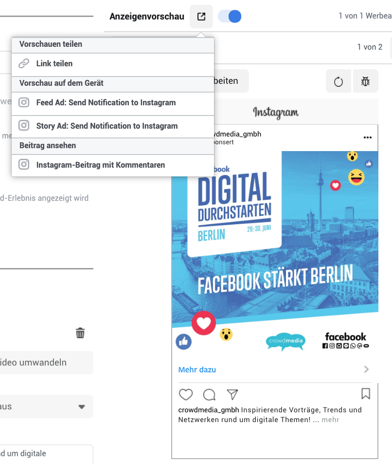 Business Manager – Vorschau Anzeige mit Kommentaren in Instagram