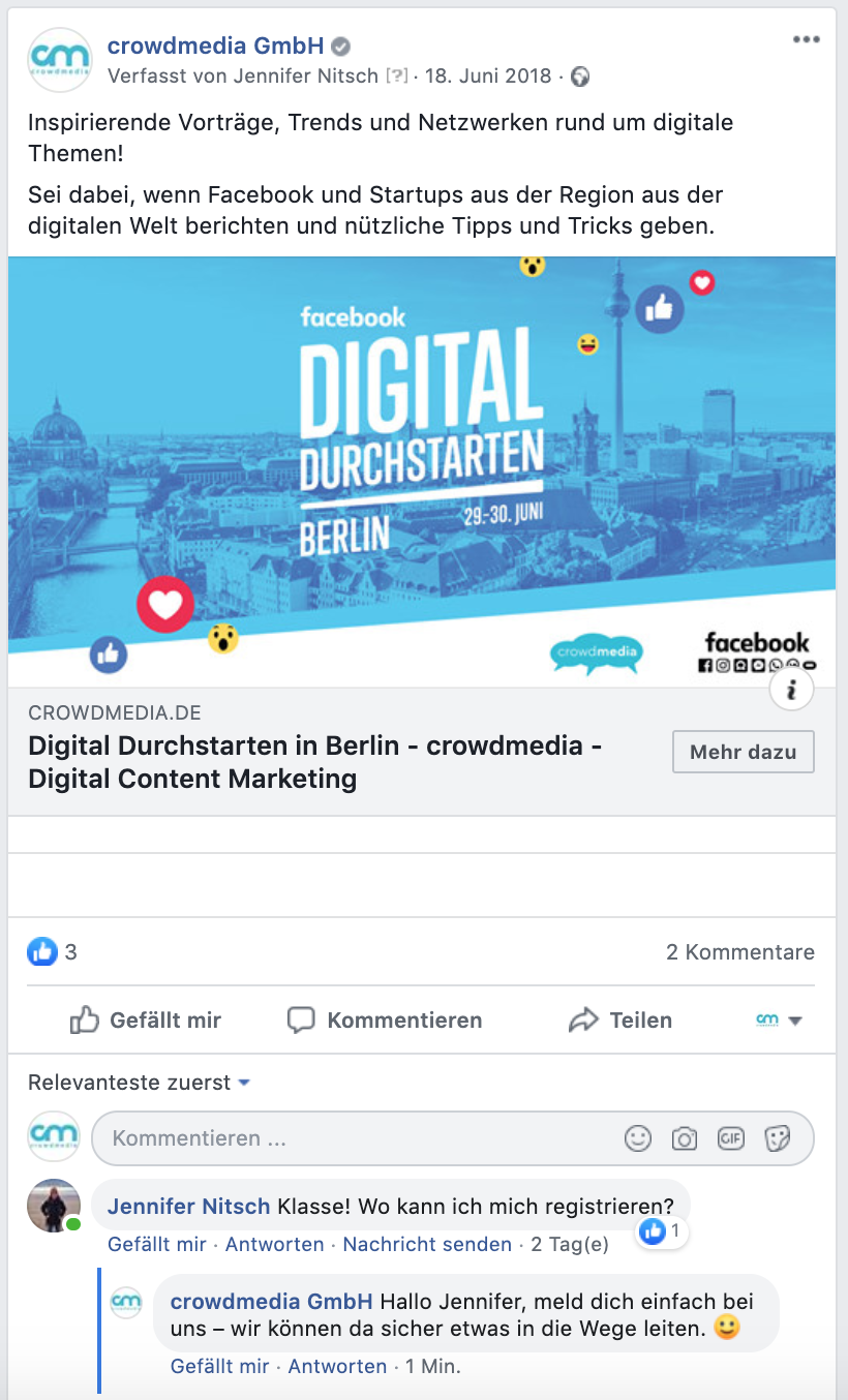 Feed-Post auf Facebook mit beantwortetem Kommentar