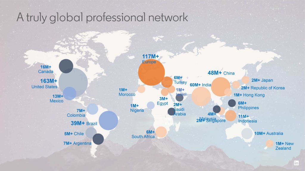 Diese Karte zeigt die Verteilung aller LinkedIn-Miglieder weltweit