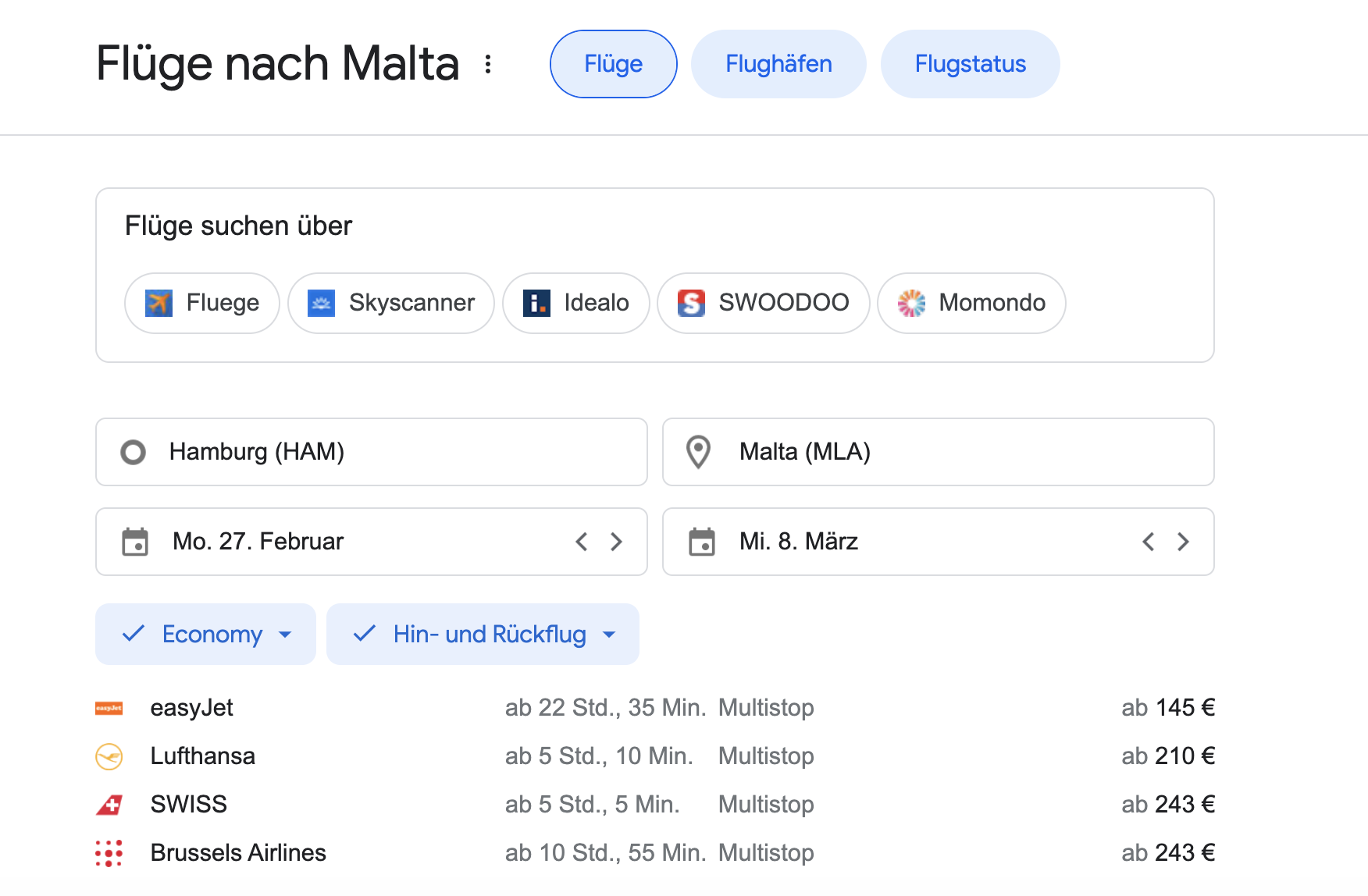 Rich Snippet für Flugsuche nach Malta