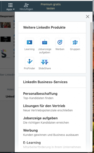 Übersicht Apps in LinkedIn