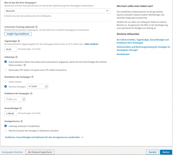 Übersicht LinkedIn Werbeanzeigen Budget und Laufzeit