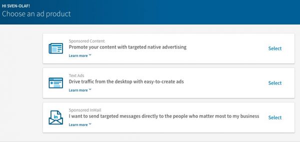 LinkedIN Werbeanzeigen - Screenshot der Werbeformate